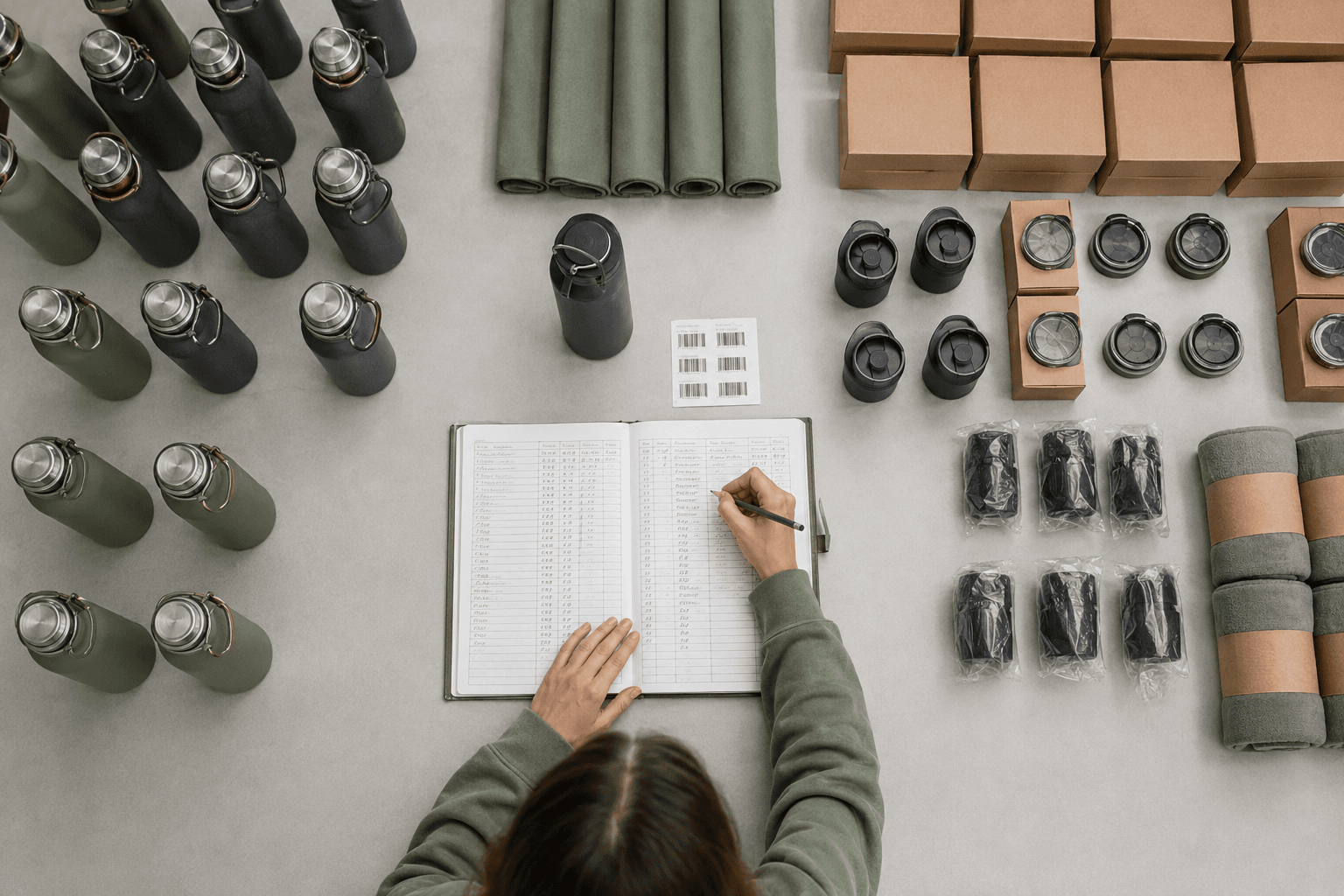 Overhead inventory audit with counted merchandise and a stock ledger