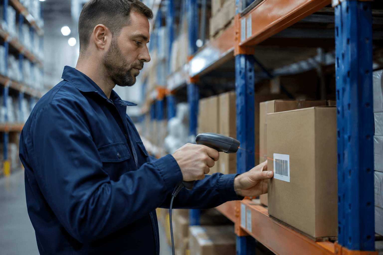 Warehouse worker scanning products on inventory shelves