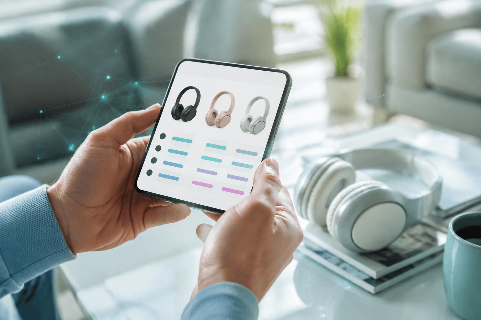Shopper comparing products on a phone with an illustrative AI assistant interface