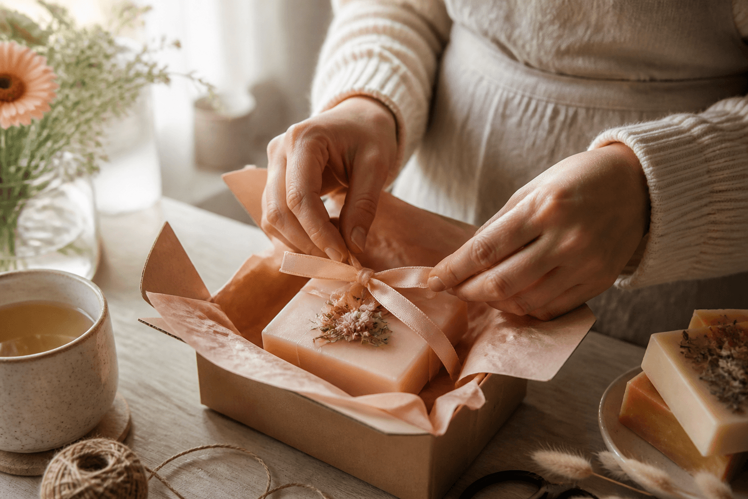 Home business owner carefully packaging a handmade product for an early order
