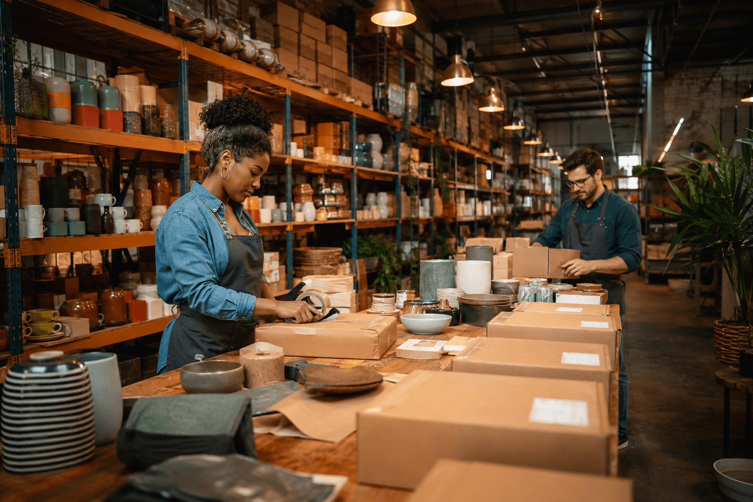 Small ecommerce warehouse preparing a growing volume of customer orders