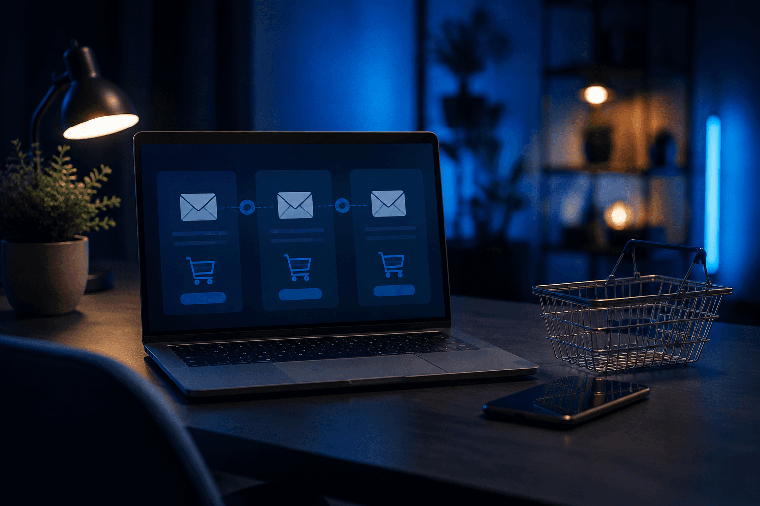 Email marketing workstation beside a shopping basket and phone