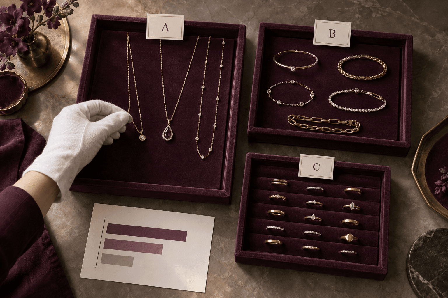A jewelry retailer sorts necklaces, bracelets and rings into distinct A, B and C priority trays