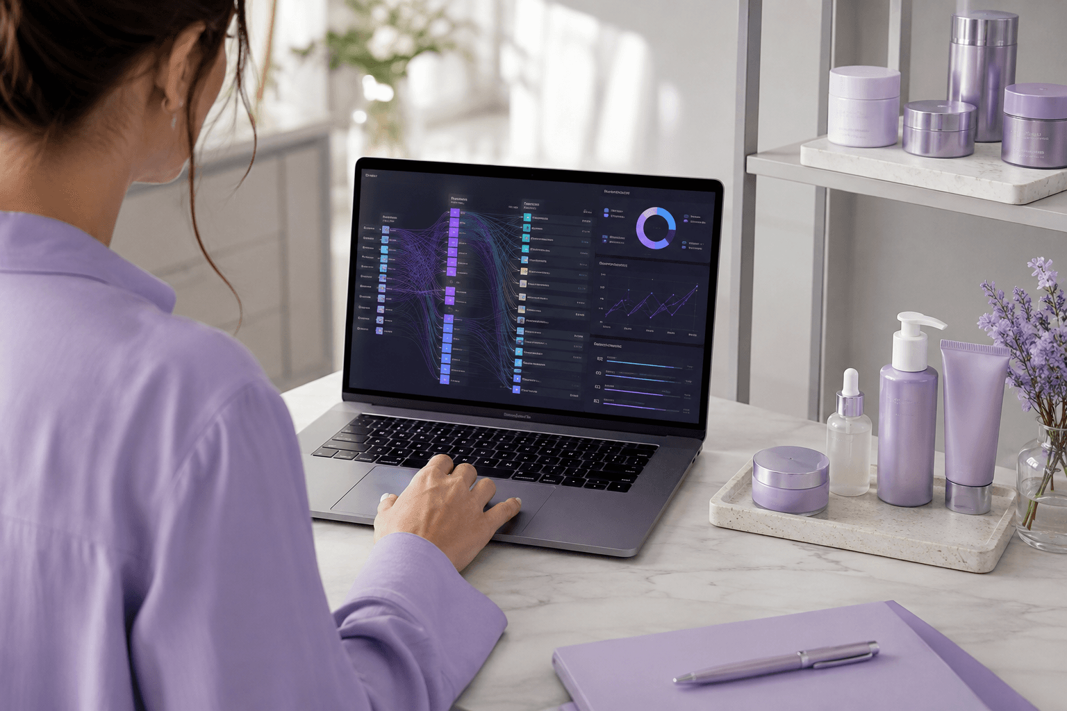 Merchant reviewing digital attribution beside an ecommerce product display