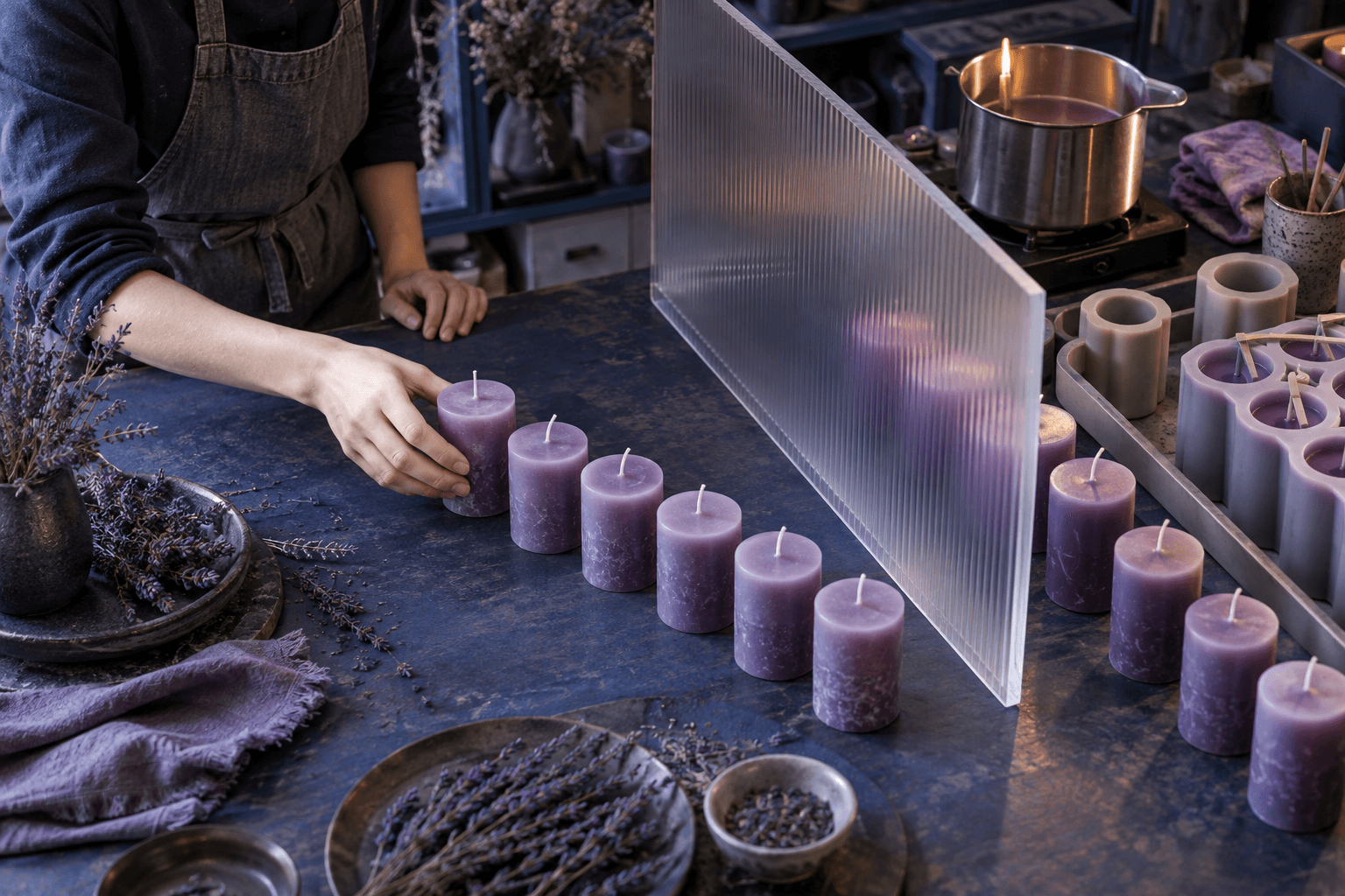 A candle maker arranges finished candles across a divider illustrating the recovery of production setup costs