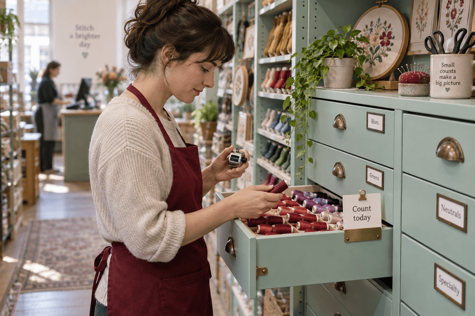 An embroidery retailer counts one drawer of thread spools while the shop stays open