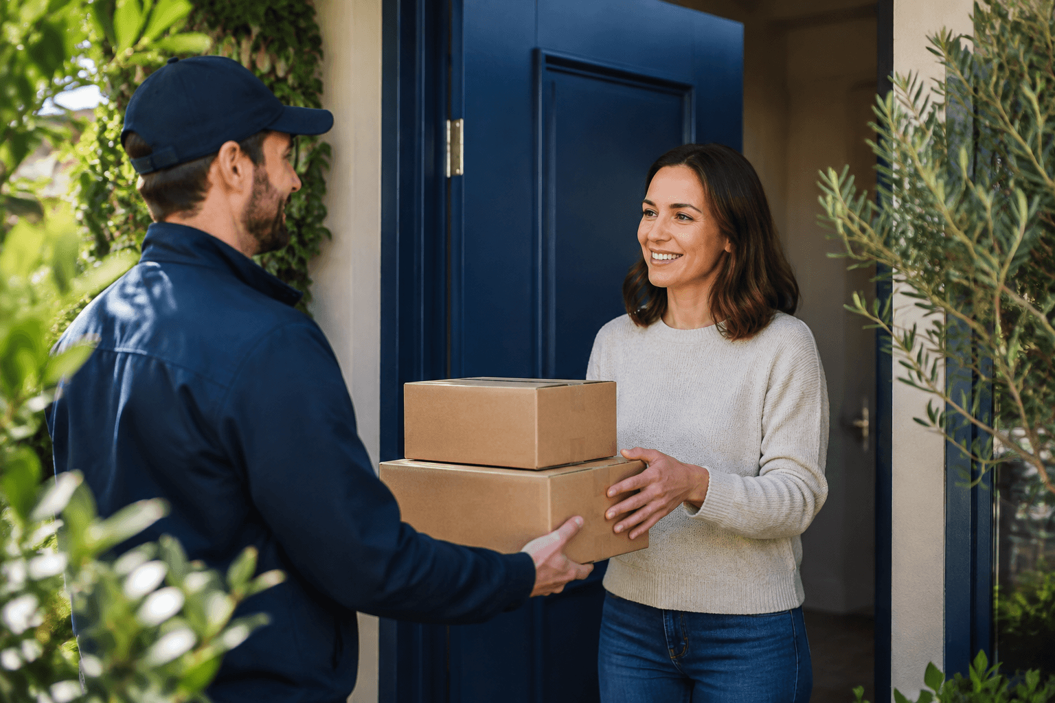 Delivery worker handing an online shopping parcel to a customer at home