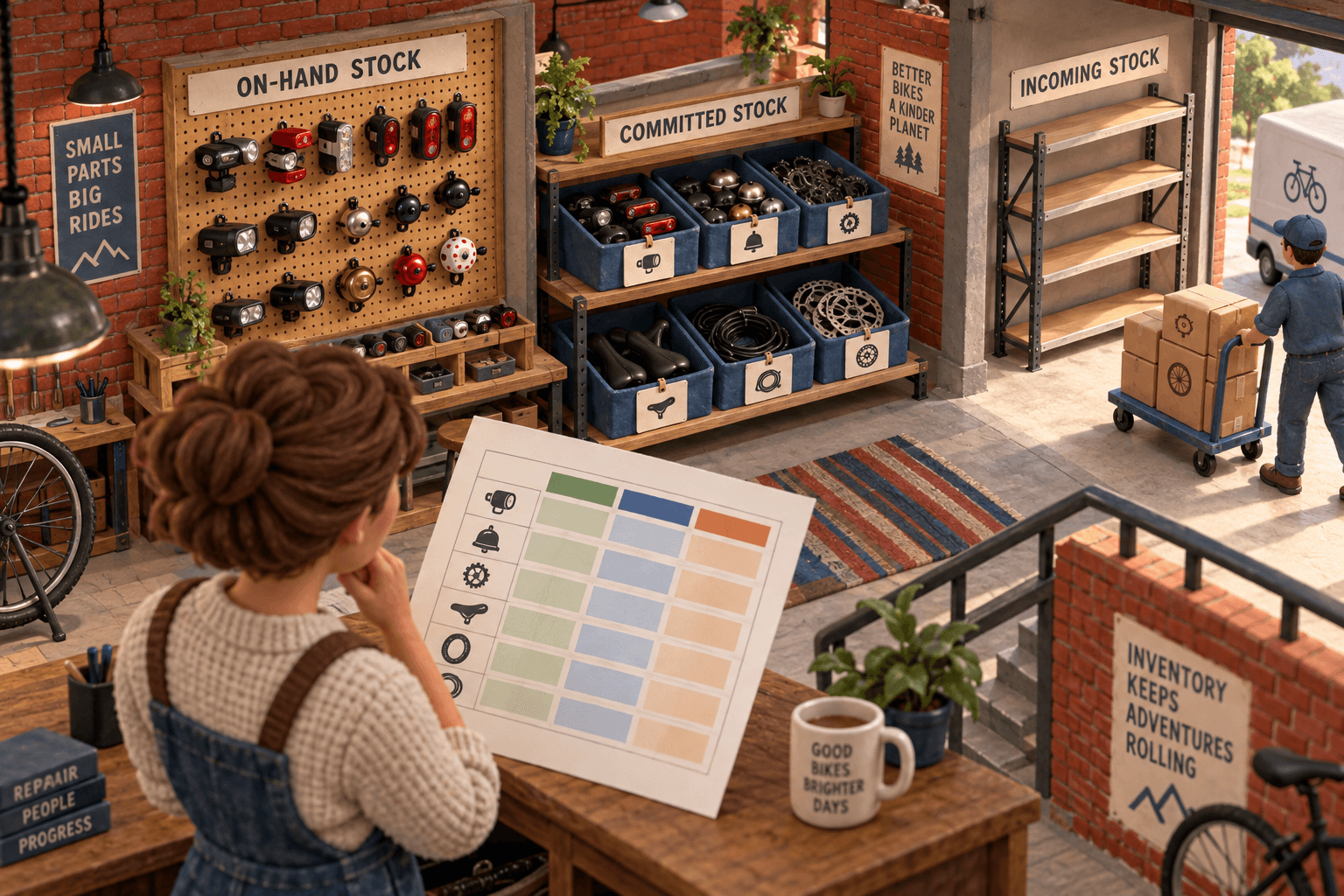 A bicycle parts shop compares on-hand, committed and incoming stock with an inventory report