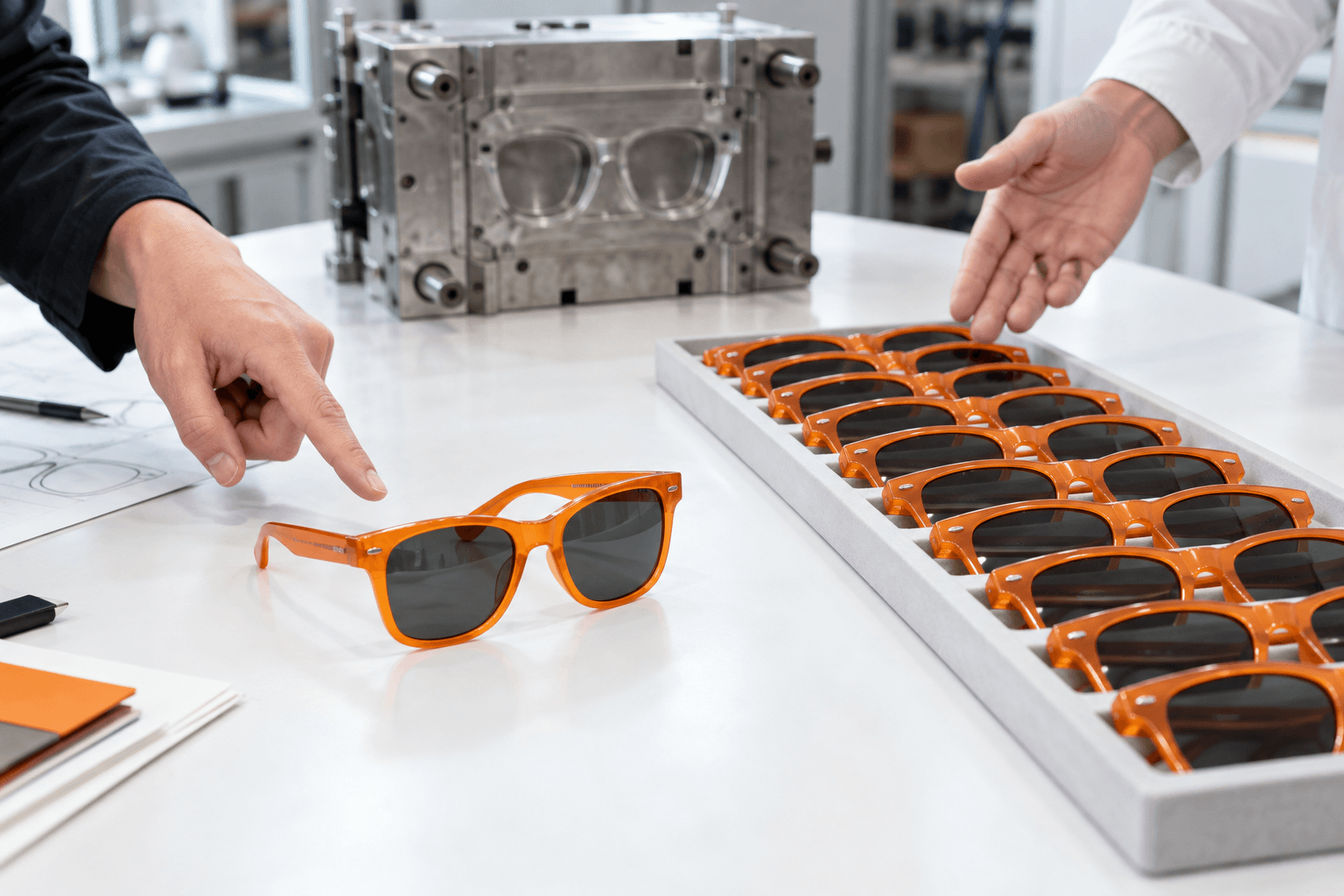 A supplier compares one orange sunglass sample with a full tray of identical pairs representing a minimum batch