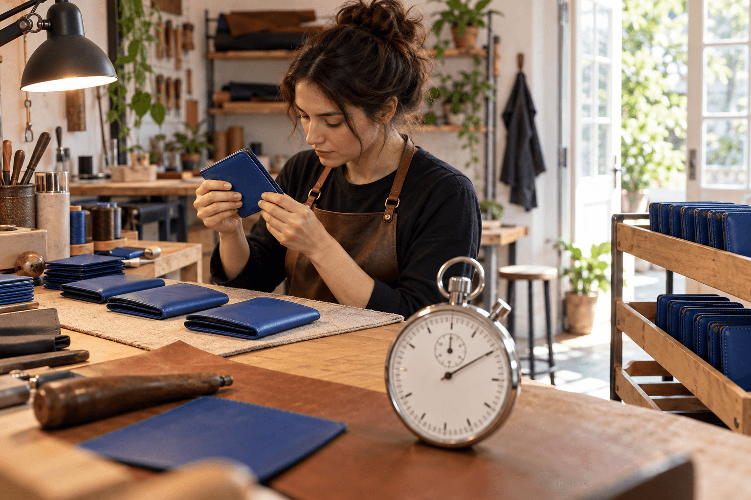 A stopwatch accompanies blue wallets moving through finishing, inspection and dispatch in a leather studio