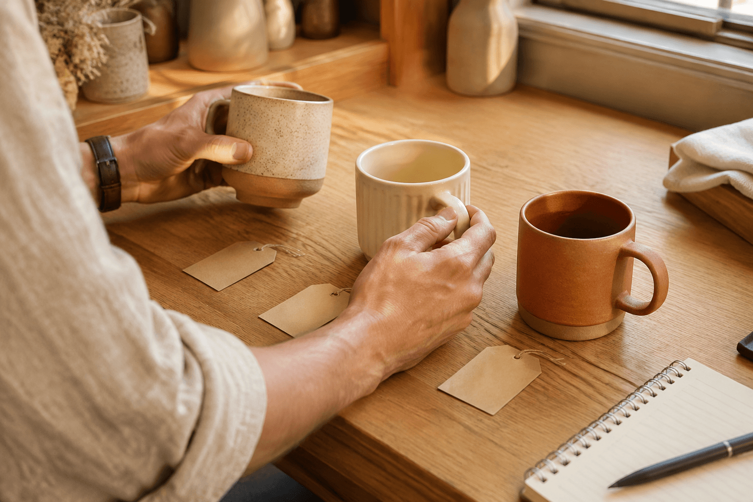 Seller comparing product variants and price tags at a shop desk