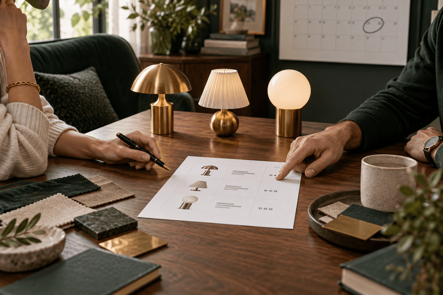 A lighting buyer and supplier review lamp samples and a purchase order before delivery