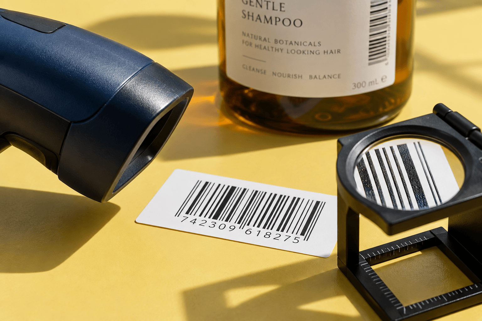 A scanner and magnifying loupe inspect the printed bars and margins of an illustrative retail barcode