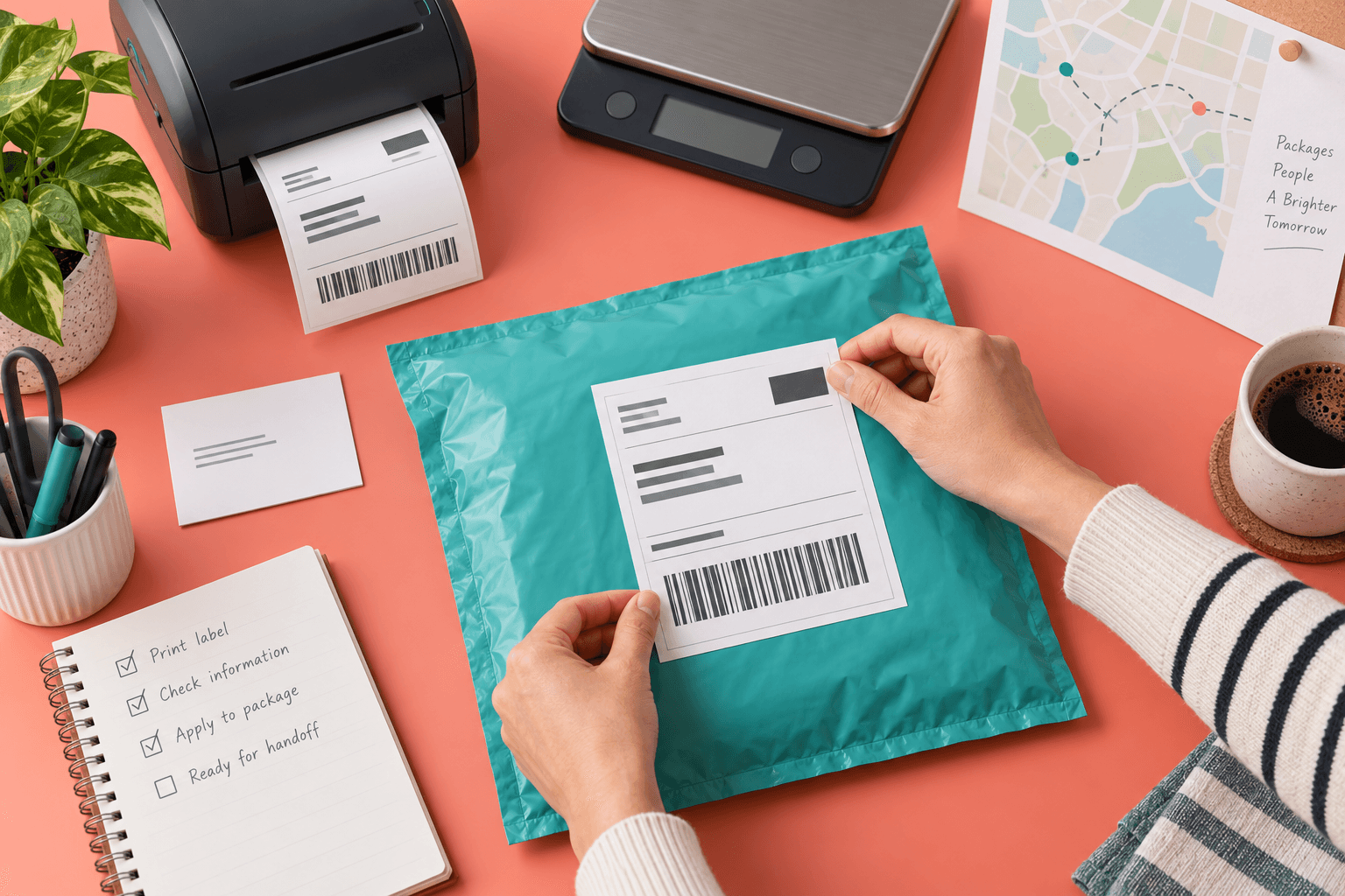 Hands align a freshly printed shipping label on a teal mailing pouch beside a thermal printer