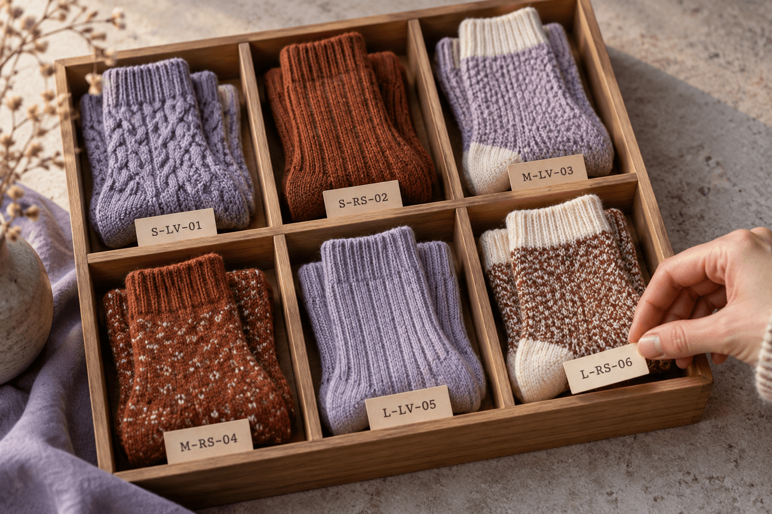 Six knitted sock variants occupy labeled compartments with distinct SKU codes