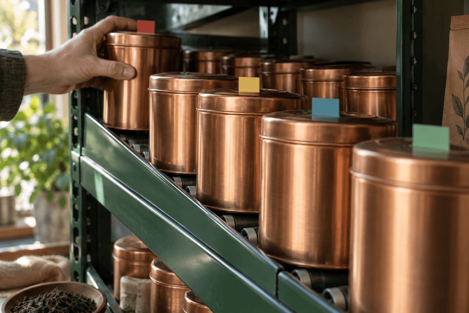 A hand replenishes a gravity-feed tea shelf behind earlier batches marked with colored tabs