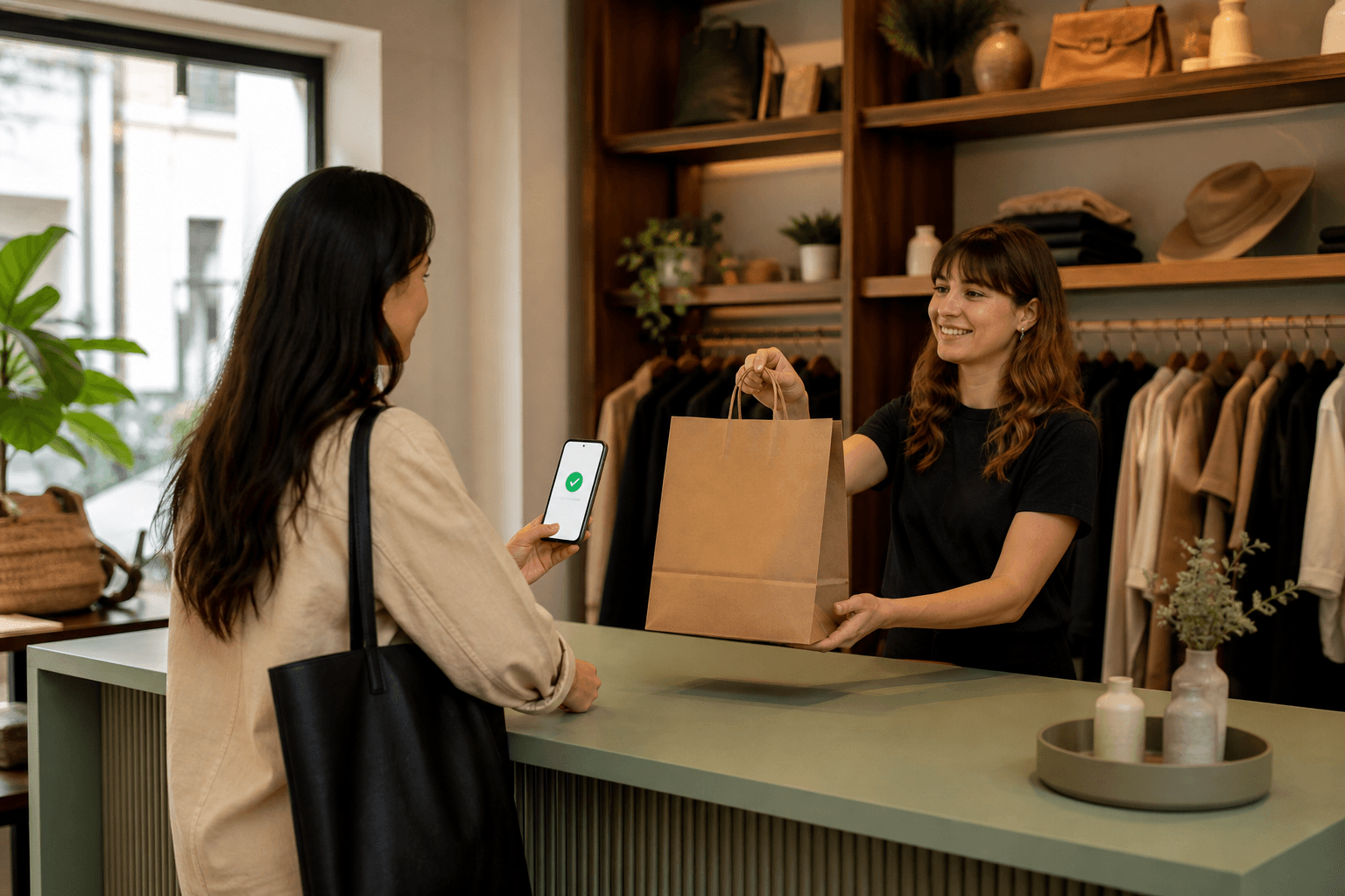 Click-and-collect retail counter connecting online orders with in-store pickup