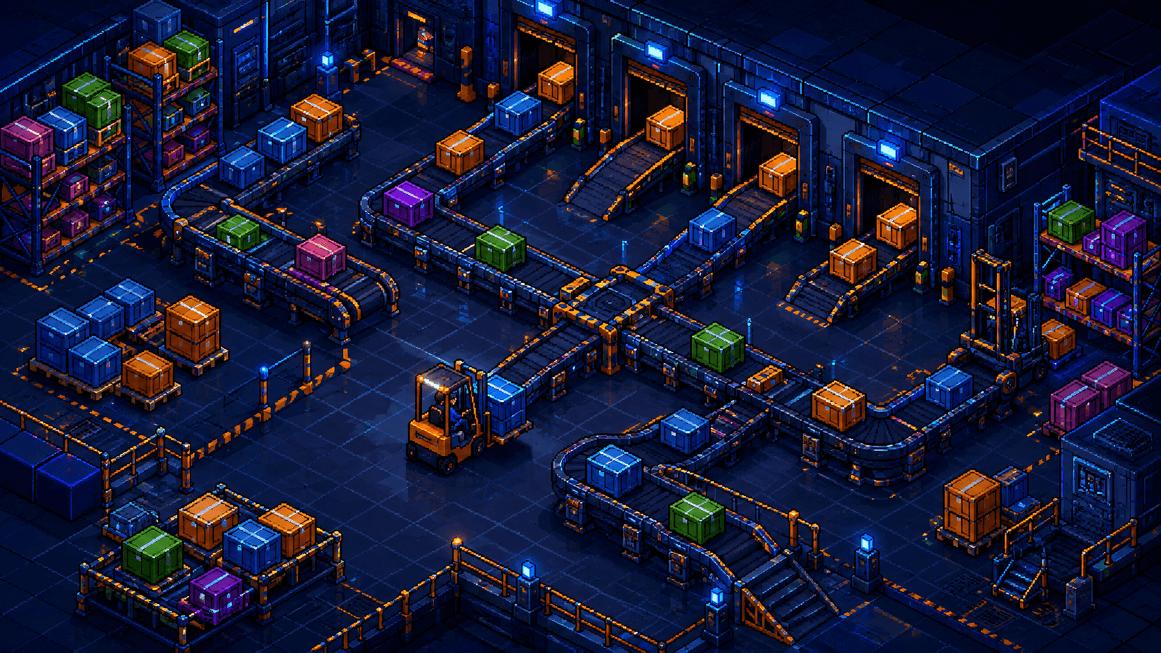 Pixel-art forklift and warehouse conveyor cargo challenge