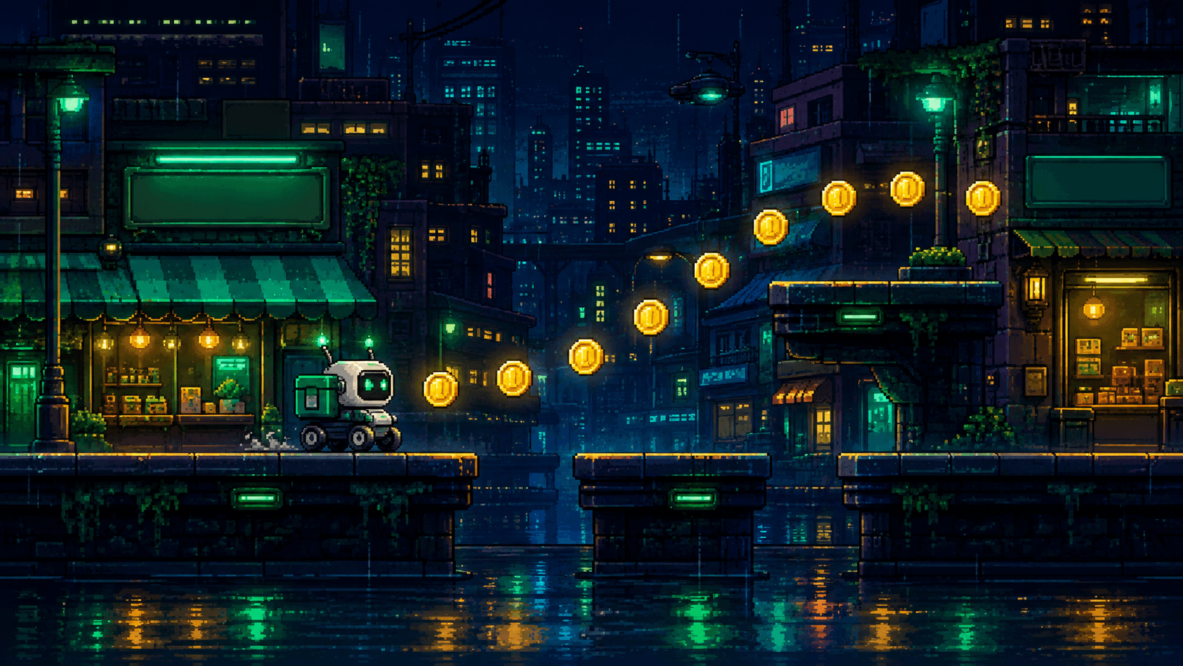 Pixel-art delivery robot following a coin trail through a neon shopping street